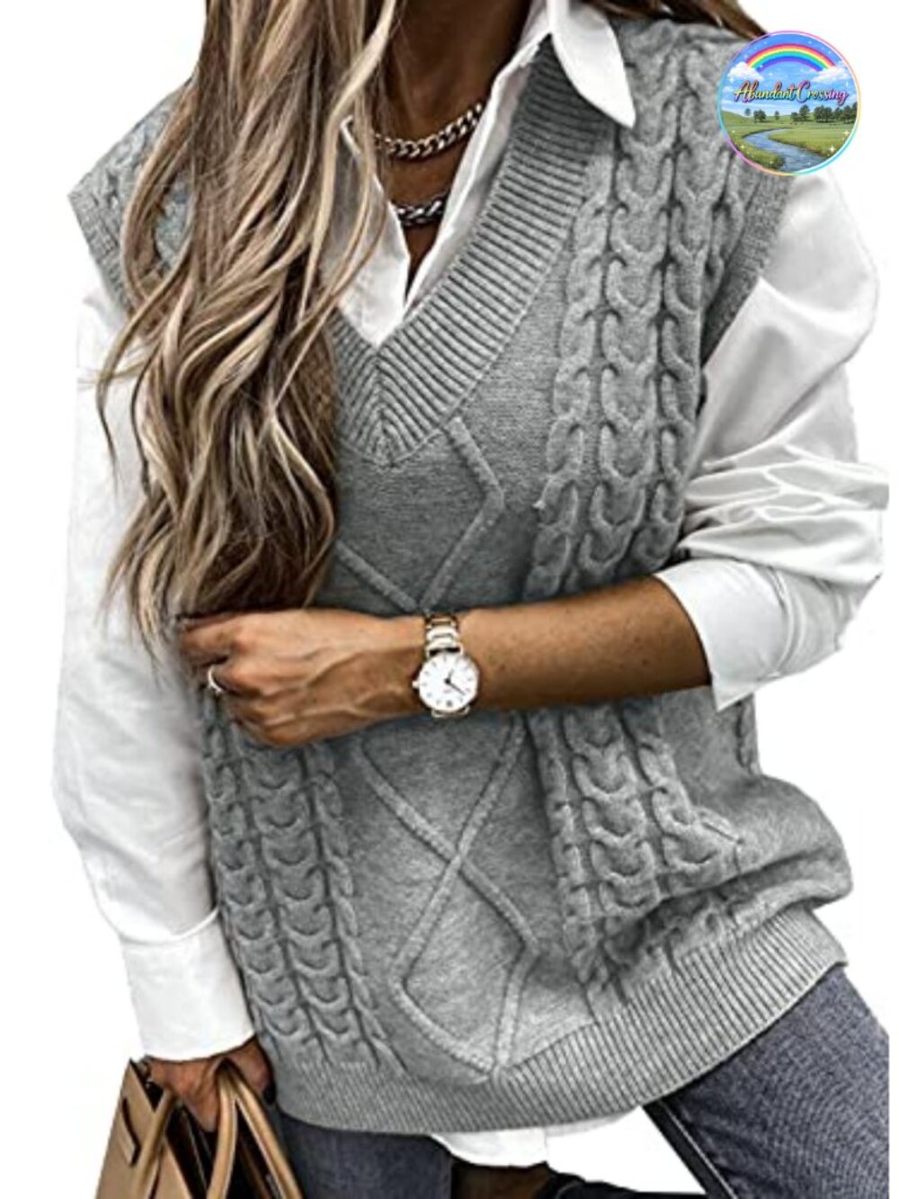 Oversized Cable Knit Sweater Vest V Neck Sleeveless Pullover